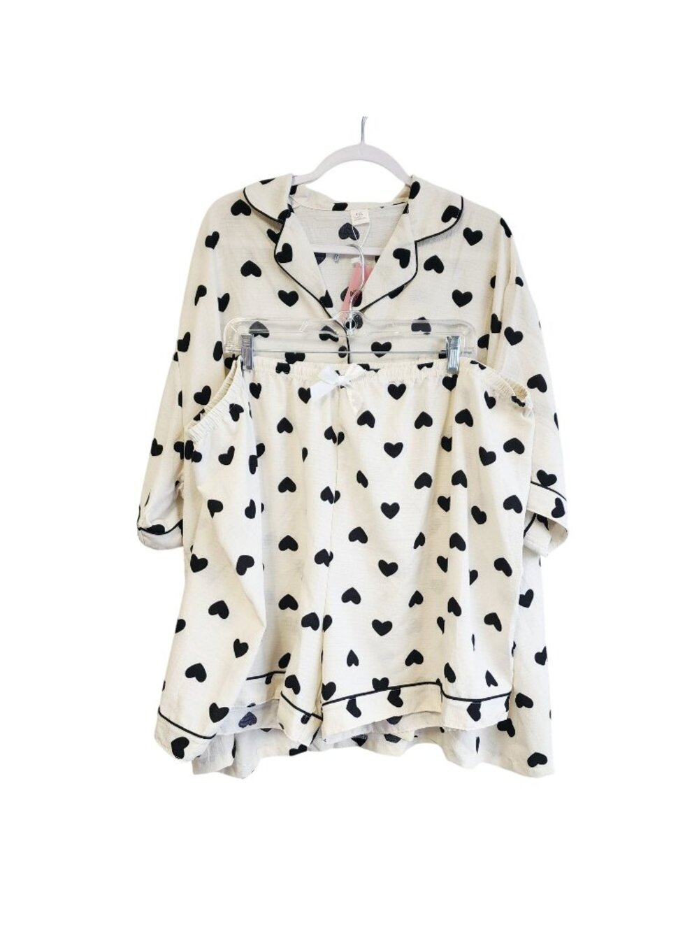 Heart Print Button-Up Pajama Set Elastic Waist Shorts 5XL Lightweight  Women